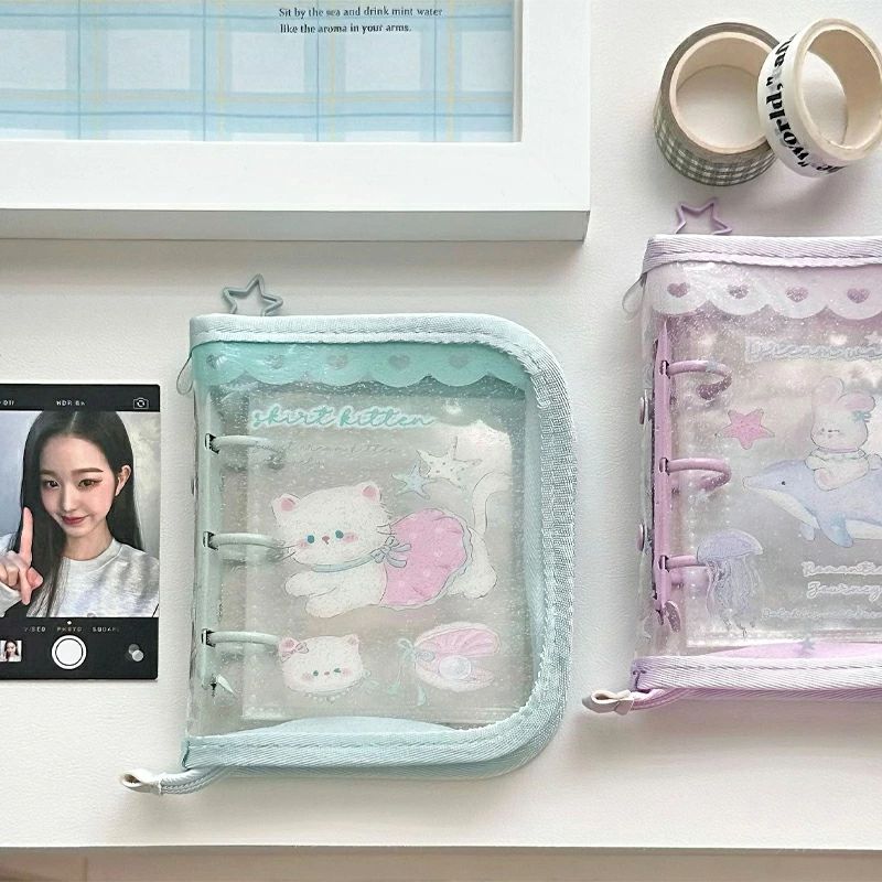 シール帳 透明 システム手帳 A8サイズ バインダー カード入れ 動物 猫 ウサギ柄タイプ クリア手帳 3穴リング カスタマイズ手帳 DIYデコ リフィルセット...