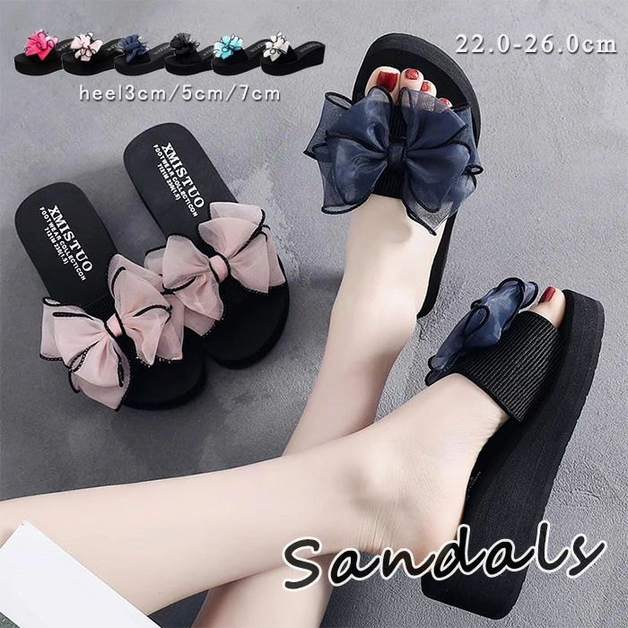 サンダル 厚底 美脚 ビーサン 海外セレブ　リボン　厚底ビーチサンダル フラワー ウェッジソール ヒール3cm ヒール5cm ヒール7cm ビーチサンダル 厚底 ビーサン サンダル 花 6colors リボン 送料無料