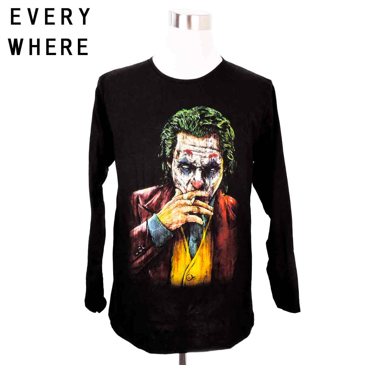 デザインロングTシャツ ロングスリーブ EVERY WHERE ジョーカー Joker ホアキン・フェニックス Joaquin Phoenix 黒 ブラック プリントTシャツ ロンT 長袖 ルームウェア 部屋着 インナー 個性的 男女兼用 S M L XL タイト オーバーサイズ