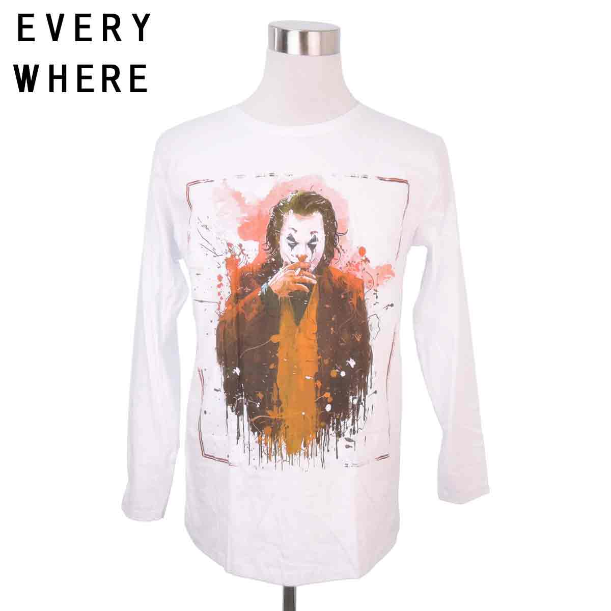 デザインロングTシャツ ロングスリーブ EVERY WHERE ジョーカー JOKER ホアキン・フェニックス 映画 白 ホワイト プリントTシャツ ロンT 長袖 ルームウェア 部屋着 インナー 個性的 男女兼用 S M L XL