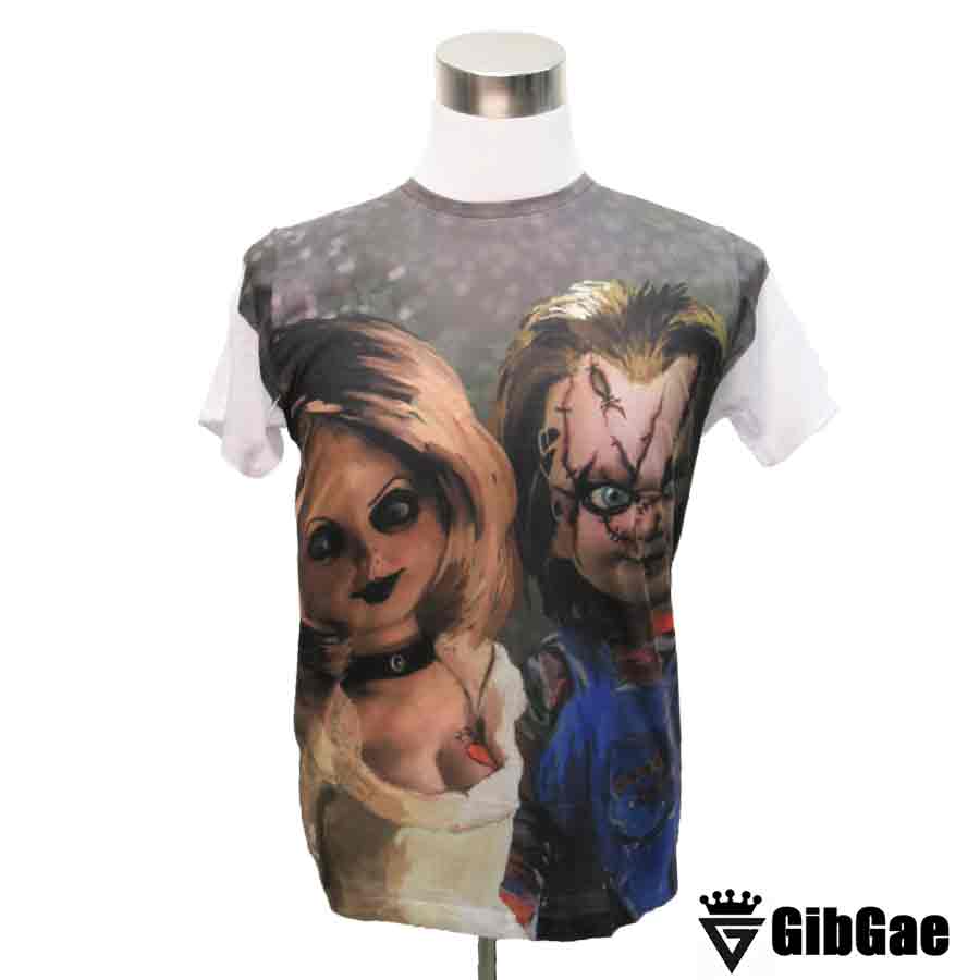 デザインTシャツ GibGae Chucky&Tiffany チャッキー＆ティファニー 映画Tシャツ チャイルドプレイ チャッキーの花嫁 ホラー キャラクター こわかわいい プリントTシャツ 男女兼用 サイズM＆L