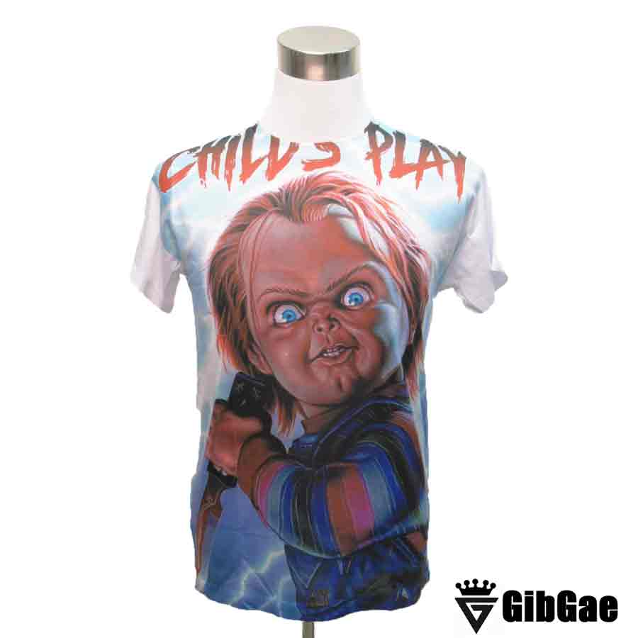 楽天DVD卸　スマイルワン楽天市場店デザインTシャツ GibGae Chucky チャッキー 映画Tシャツ チャイルドプレイ ホラー キャラクター こわかわいい プリントTシャツ 男女兼用 サイズM＆L