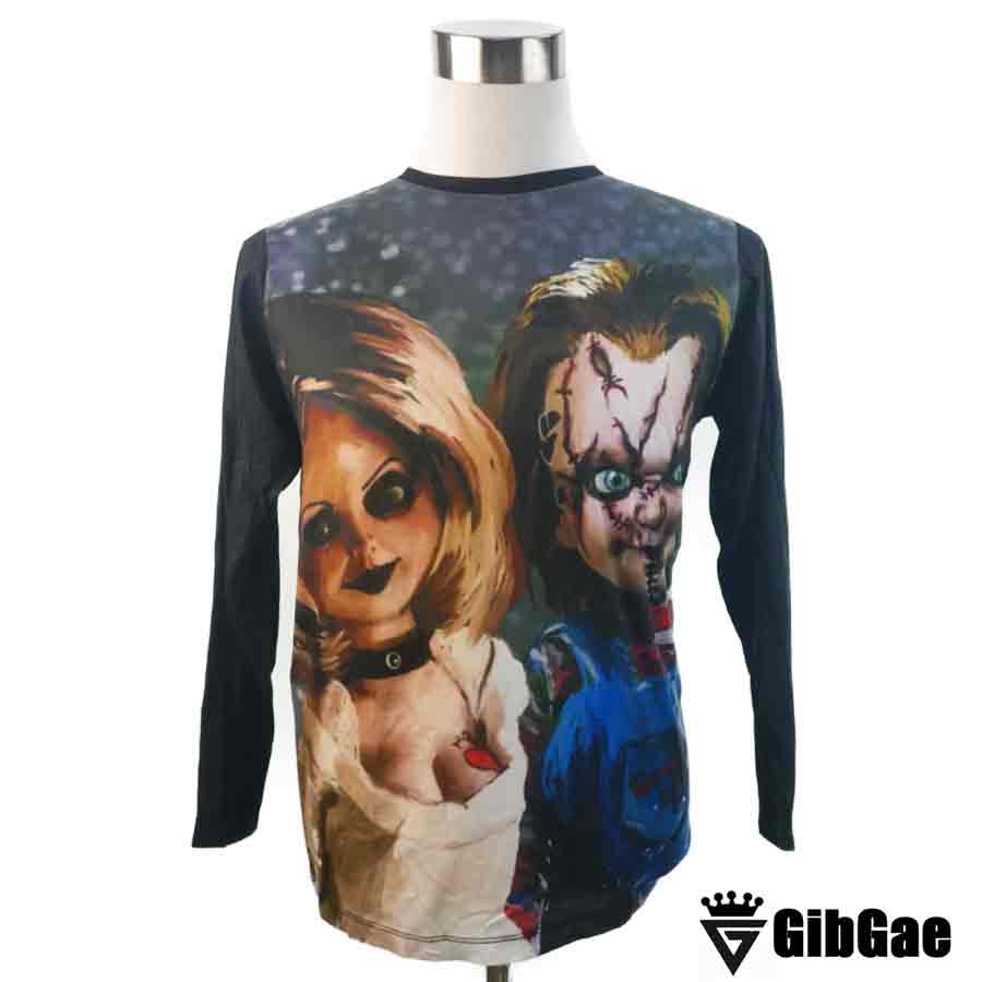 デザインロングTシャツ GibGae Chucky&Tiffany チャッキー＆ティファニー 映画Tシャツ チャイルドプレイ チャッキーの花嫁 ホラー キャラクター こわかわいい プリントTシャツ ロンT 男女兼用 サイズM＆L