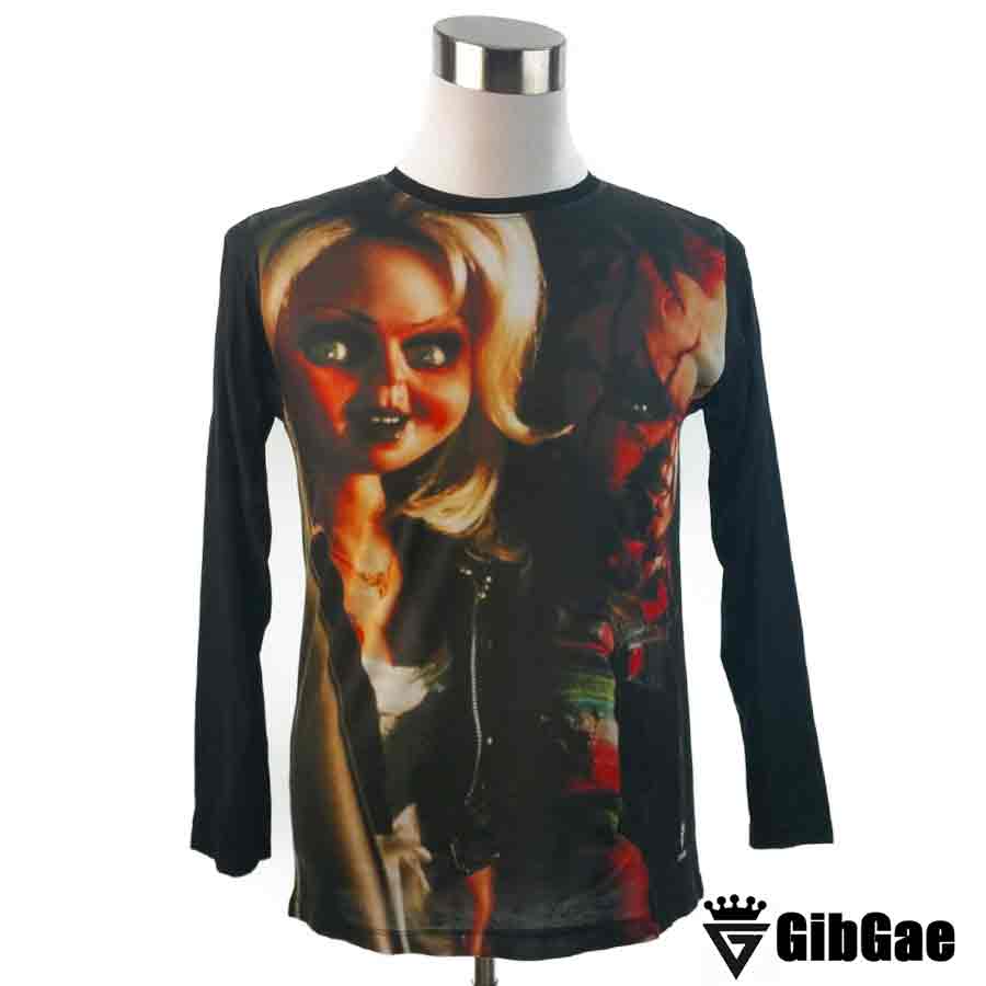 デザインロングTシャツ GibGae Chucky&Tiffany チャッキー＆ティファニー 映画Tシャツ チャイルドプレイ チャッキーの花嫁 ホラー キャラクター こわかわいい プリントTシャツ ロンT 男女兼用 サイズM＆L