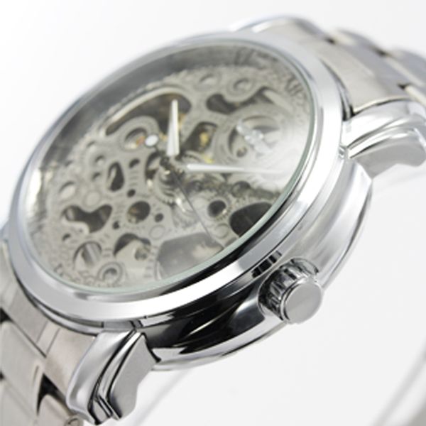 自動巻き腕時計 ATW016 ミッドサイズのフルスケルトン腕時計 シンプル機能 メタルベルト 手巻き時計 機械式腕時計 メンズ腕時計 送料無料