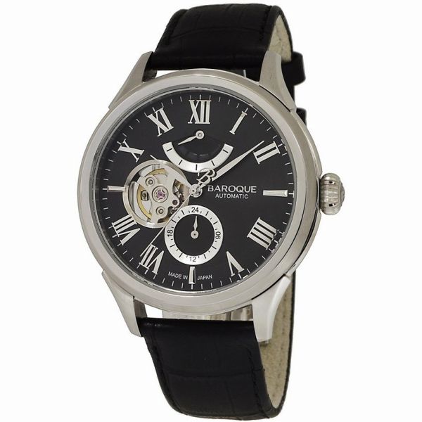 パワーリザーブ機能を搭載した上位モデル。立体的なローマインデックスや秒針のイニシャルロゴ、磨き分けされたケース等、随所にこだわりを感じさせるデザインとなっています。ベルトは防水、防菌処理を施したイタリアンレザーとDバックルを採用しました。■サイズ(mm)→ケース：41X41■ベルト(mm)→腕周り：〜200(最長)■素材→セイコーエプソンYN84、イタリアンレザー■付属品→取扱説明書兼保証書(保証期間ご購入日より1年間)、純正保存箱■規格→自動巻きムーブ、パワーリザーブ、5気圧防水、Dバックル■ブランド名→BAROQUE■注意事項写真は、実物の明るさや色合いと異なる場合があります。■サイズ・重量について数値はおおよそです。商品や採寸方法により多少の誤差はございますので、参考値としてご参照下さい。■在庫についてこちらの商品は在庫状況により、ご注文後に仕入れ元へ発注し、弊社へ納品後にお客様の元へお届けになります。お取り寄せ品のため、ご注文後のキャンセルは出来ません。また、在庫反映のタイムラグの関係上、ご注文後に完売のご連絡をさせて頂く場合がございます。予めご了承下さいませ。■送料について[郵便受け配達送料]全国一律税込330円[宅配便送料]全国一律税込880円(北海道・沖縄・その他一部離島のみ税込1760円)※北海道・沖縄・その他一部離島で宅配便送料無料の場合のみ、1760円の半額「880円」が加算されます。検索ワード [BAROQUE バロック ばろっく 日本製 メイドインジャパン 日本 JAPAN こだわり ステンレスケース セイコーエプソン パワーリザーブ 防水 イタリアンレザー Dバックル ブラック BLACK BA3003S-02B プレゼント ビジネス 腕時計]検索ワード [BAROQUE バロック ばろっく 日本製 メイドインジャパン 日本 JAPAN こだわり ステンレスケース セイコーエプソン パワーリザーブ 防水 イタリアンレザー Dバックル ブラック BLACK BA3003S-02B プレゼント ビジネス 腕時計]