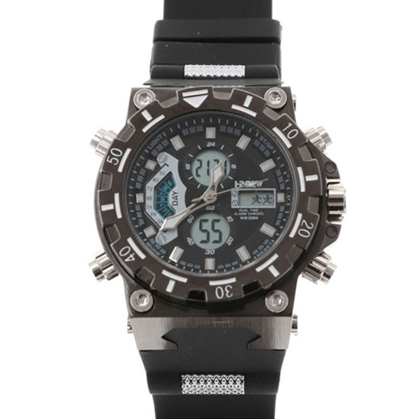 デュアルタイム アナデジ腕時計 デジアナ HPFS628-BKBK アナログ デジタル ダイバーズウォッチ風 3気圧防水 ラバーベルト クロノグラフ トリプルカレンダー バックライト アラーム 時報 メンズ腕時計 送料無料