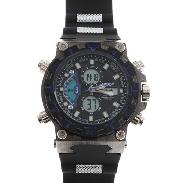 デュアルタイム アナデジ腕時計 デジアナ HPFS628-BKBL アナログ デジタル ダイバーズウォッチ風 3気圧防水 ラバーベルト クロノグラフ トリプルカレンダー バックライト アラーム 時報 メンズ腕時計 送料無料