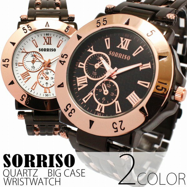 正規品SORRISOソリッソ ピンクゴールドベゼルにブラックベルト フェイククロノグラフ フェイクダイヤル SRF11 メンズ腕時計 送料無料