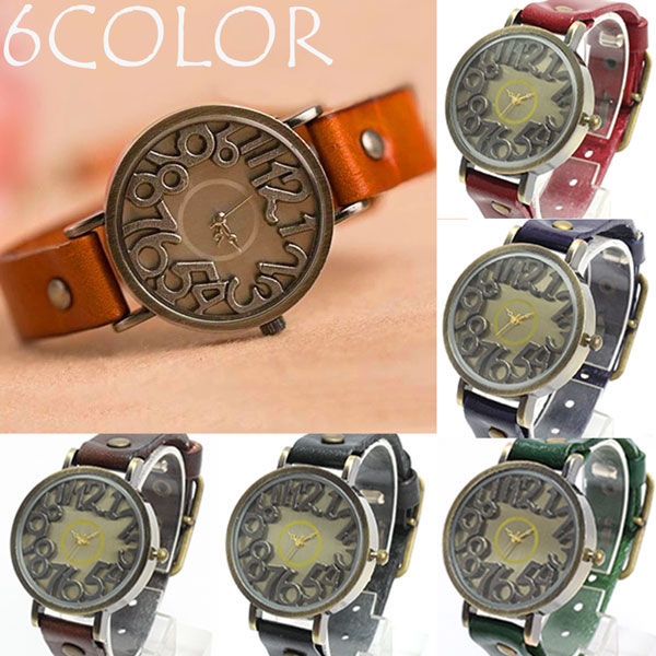 ヴィンテージ調立体インデックス アンティーク おしゃれな彫刻風文字盤 レトロな時計 切りっぱなし本革..