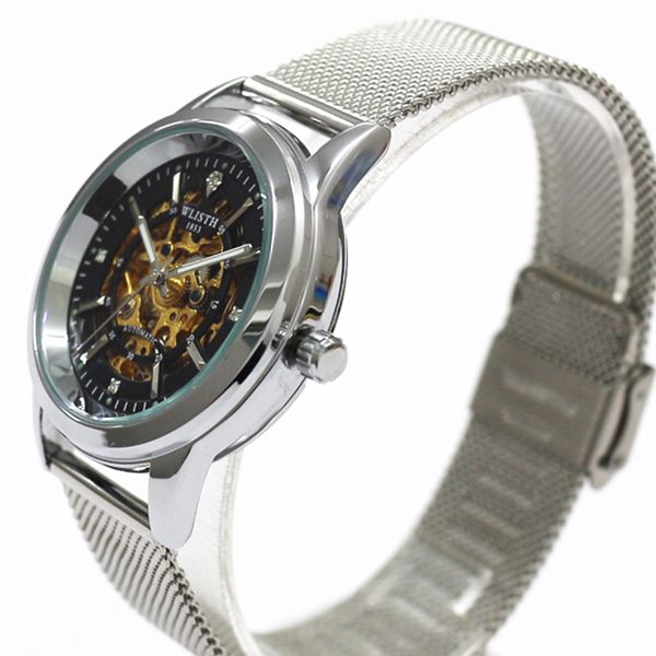 自動巻き腕時計 シンプル機能のフルスケルトンデザイン シルバーケース メッシュベルト 機械式腕時計 WSA004-SVBK メンズ腕時計 送料無料