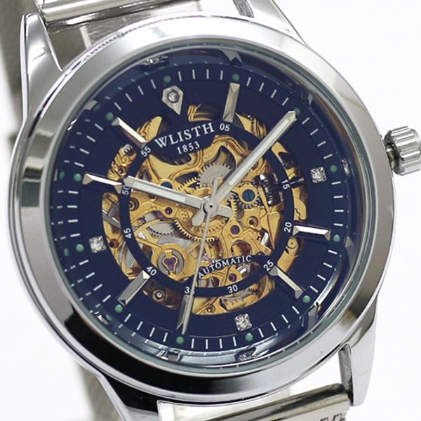 自動巻き腕時計 シンプル機能のフルスケルトンデザイン シルバーケース メッシュベルト 機械式腕時計 WSA004-SVBK メンズ腕時計 送料無料