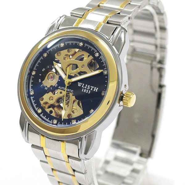 自動巻き腕時計 スケルトンデザイン ゴールド&シルバーケース メタルベルト 機械式腕時計 WSA015-BLK メンズ腕時計 送料無料