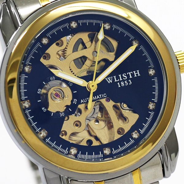 自動巻き腕時計 スケルトンデザイン ゴールド&シルバーケース メタルベルト 機械式腕時計 WSA015-BLK メンズ腕時計 送料無料