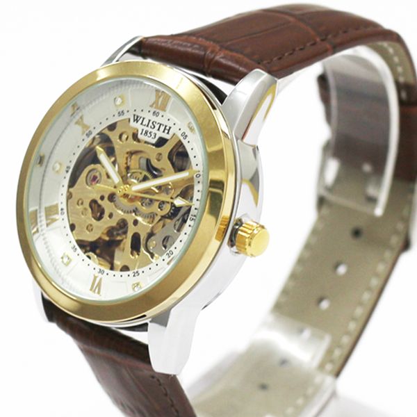 自動巻き腕時計 シンプル機能のスケルトンデザイン ゴールド&シルバーケース 革ベルト 機械式腕時計 WSA019-GDWH メンズ腕時計 送料無料