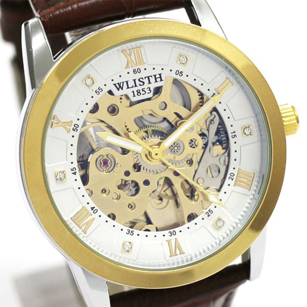 自動巻き腕時計 シンプル機能のスケルトンデザイン ゴールド&シルバーケース 革ベルト 機械式腕時計 WSA019-GDWH メンズ腕時計 送料無料