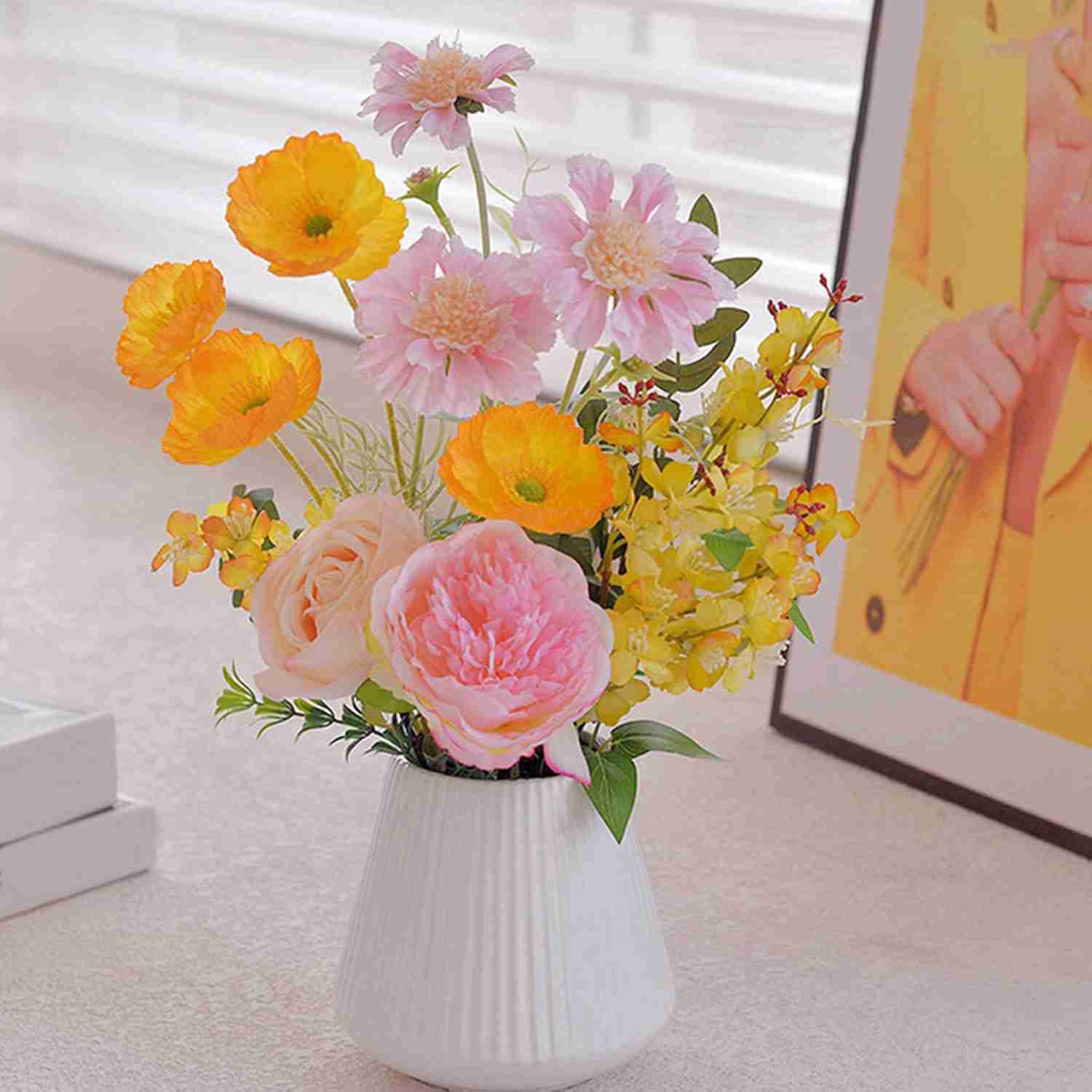 フェイクフラワー 陶器花瓶付き 造花セット 水やり不要 枯れない アートフラワー 観賞植物 INS風 北欧 ..