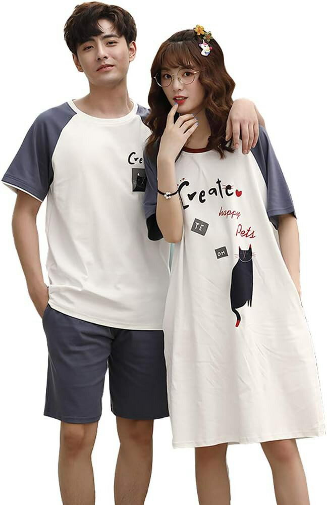 ペアルック ルームウェアペア パジャマ 男女 ペア 寝巻き ルームウェア 上下セット ワンピース カップルペア お揃い カップル ペアルック 夏 パジャマ ペア 部屋着 ルームウェア 猫柄 可愛い 結