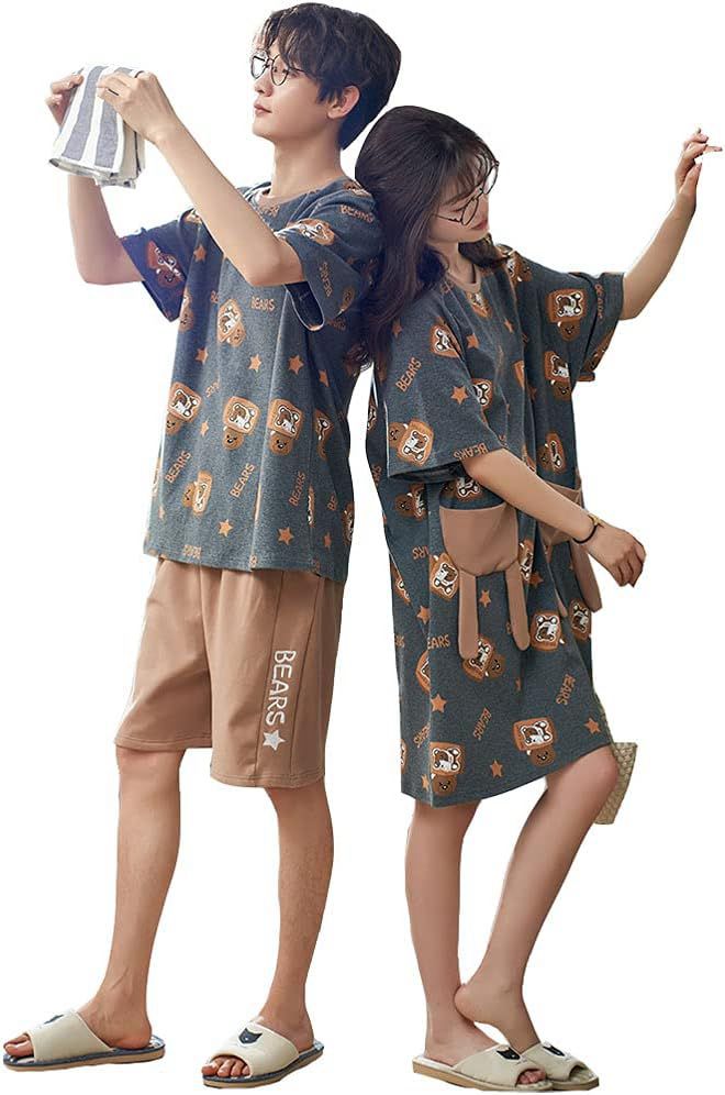 ロモハナガ ペア パジャマ セット ペアパジャマ カップル 半袖 レディース 夏 可愛い 熊柄 ルームウェア メンズ カップル 部屋着 韓国風 ワンピース ギフト プレゼント 結婚祝い おしゃれ お揃