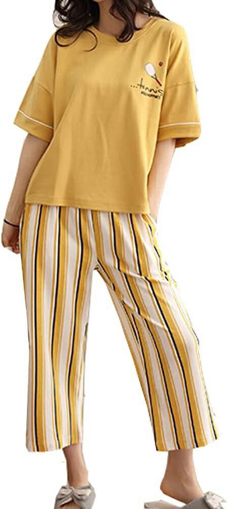 ロモハナガ パジャマ 半袖 レディース 女性 ゆったり ストラップ柄 寝巻き 大きいサイズ 半袖 コットン100% ルームウェア 上下 セット 部屋着 パジャマ おしゃれ アップ 柔らかい 寝間着 大