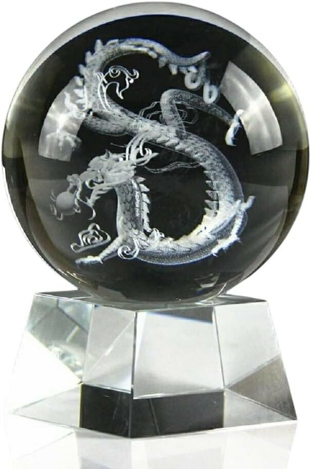 クリスタル 水晶 ボール 台座付き 龍 置物 3D レーザー プレゼント 風水 浄化 占い 開運 玄関 癒し イ..