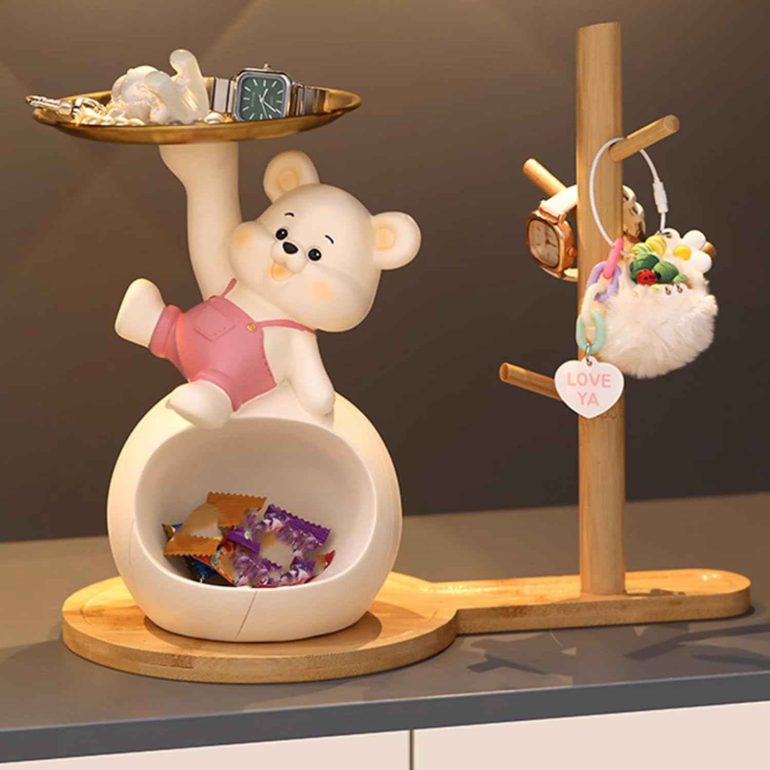 皿を捧げる 置物 キー収納トレイ お皿 卓上便利な収納 白クマ オブジェ 北欧雑貨 かわいいプレゼント 玄関に飾る 玄関置物 収納 樹脂製 クマの彫刻装飾 イン...