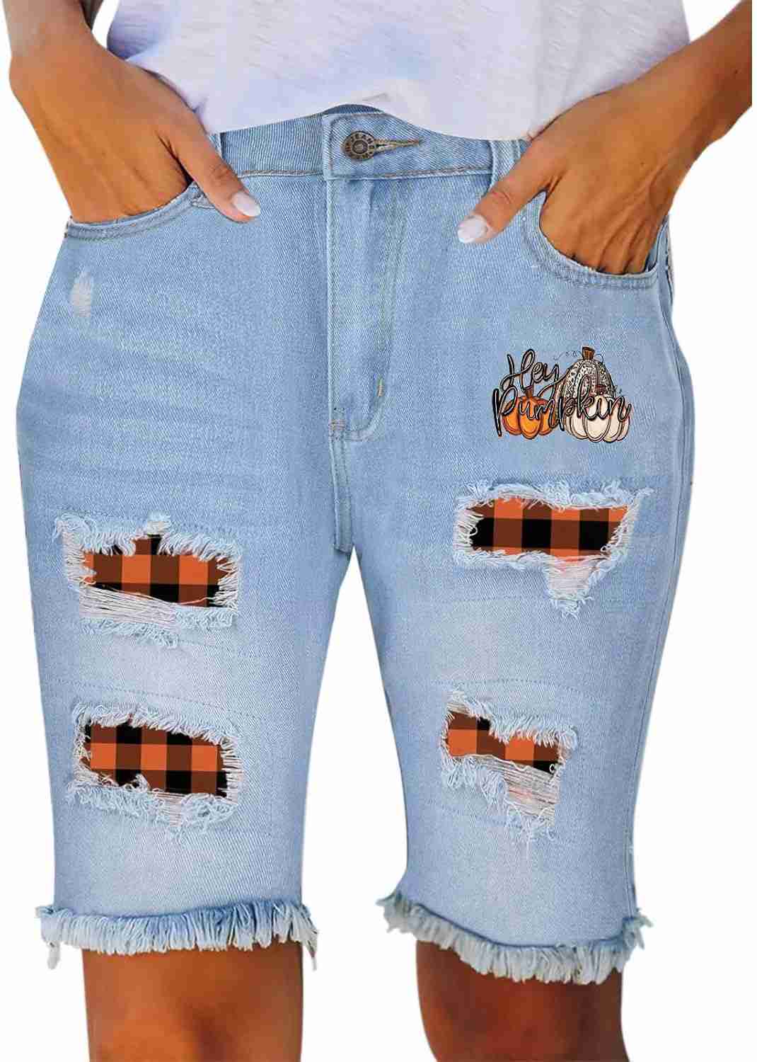 デニム ショートパンツ レディース ホットパンツ デニムパンツ ジーンズパンツ 短パンス 女性ハロウィンパンプキンプリント人格快適なストレートミッドウエストエッジクロップドパンツ格子リッピングジーンズ