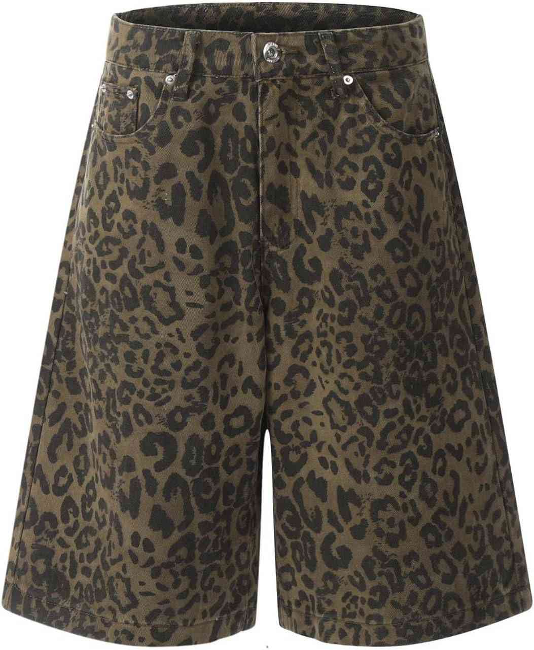 デニム ショートパンツ レディース ホットパンツ デニムパンツ ジーンズパンツ 短パンス 女性のハイストリートスタイル:新シーズンヒョウ柄デニムカーゴパンツリラックスフィット独特のデザインファッション