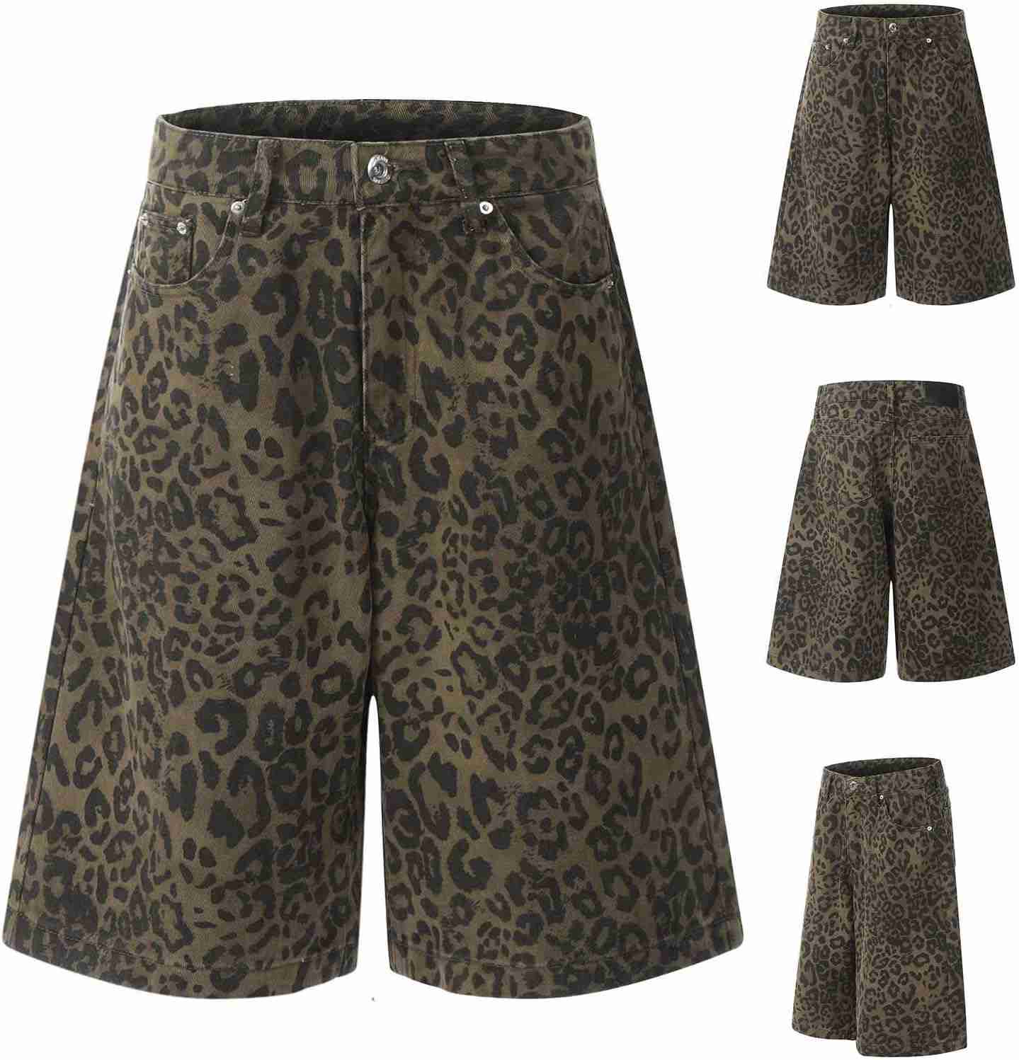 デニム ショートパンツ レディース ホットパンツ デニムパンツ ジーンズパンツ 短パンス 女性のハイストリートスタイル：新シーズンヒョウ柄デニムカーゴパンツリラックスフィット独特のデザインファッション