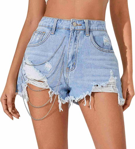 デニム ショートパンツ レディース ジーンズパンツ デニムパンツ ホットパンツ 短パンス 女性のセクシーなストリートスタイルハイウエストストレートレッグライトブルーデニムチェーンディテールショーツ 美 デニム ショートパンツ レディース ジーンズパンツ デニムパンツ ホットパンツ 短パンス 女性のセクシーなストリートスタイルハイウエストストレートレッグライトブルーデニムチェーンディテールショーツ 美