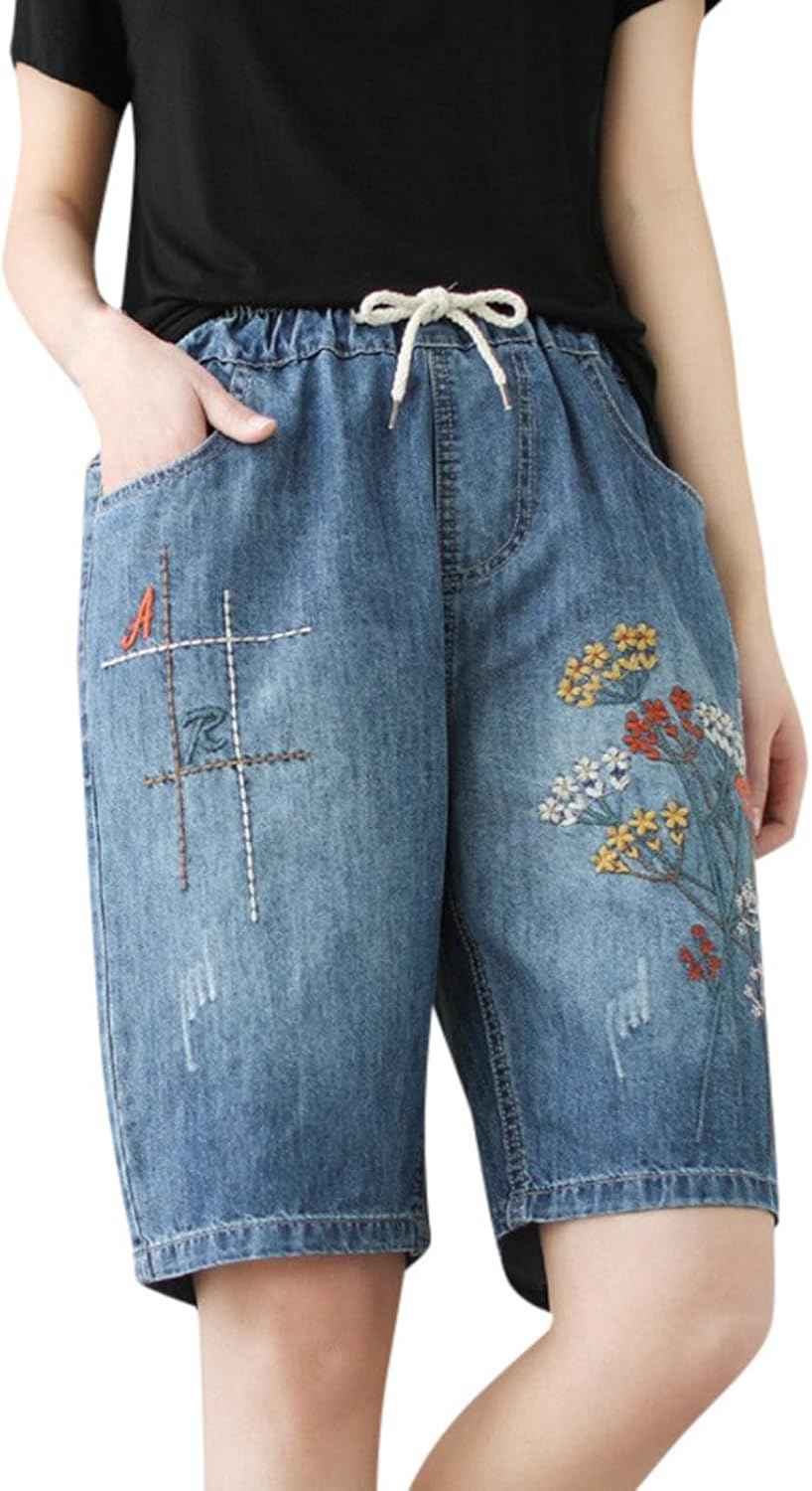 デニムパンツ レディース ショートパンツ ホットパンツ 短パンス ジーンズパンツ セクシー 女性の夏のレトロなスタイルの刺繍セルフネクタイプラスサイズミッドレングスパンツ芸術的カジュアルリッピングスト