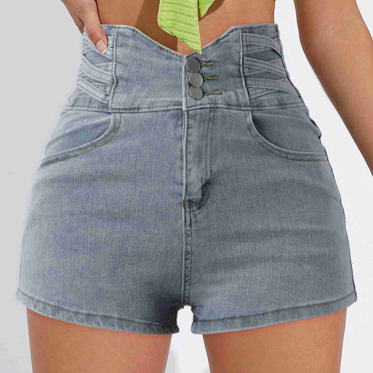デニム ショートパンツ レディース ホットパンツ デニムパンツ 短パンス ジーンズパンツ レディースサマーデニムハイウエストボタンダウンドローストリングジーンズショートパンツ、ポケット付き 美尻 セク
