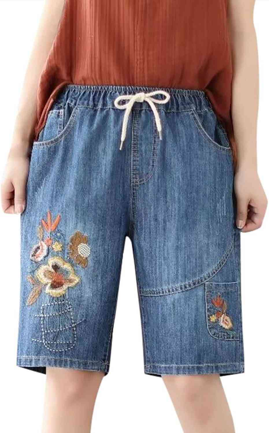 デニム ショートパンツ レディース ジーンズパンツ デニムパンツ ホットパンツ 短パンス 女性の夏のレトロなスタイルの刺繍セルフネクタイプラスサイズミッドレングスパンツ芸術的カジュアルリッピングストレ