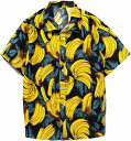 メンズシャツ バナナ柄 アロハシャツ 総柄 夏服 半袖シャツ ハワイアン ビーチシャツ 紫外線カット 薄手 通気性 汗染み防止 開襟シャツ おおきいサイズ リゾート 花火大会 お祭り