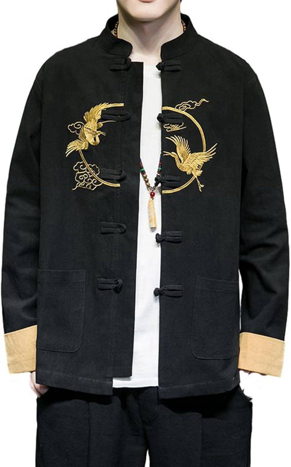 武術シャツ 中華服 メンズ 鶴柄刺繍 長袖 チャイナ服 伝統服 チャイナボタン 春 夏 快適な 軽量 速乾 ..
