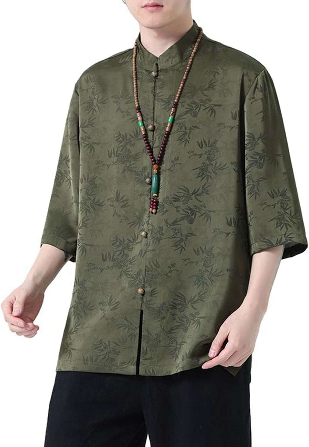 楽天スマイルShopチャイナシャツ 漢服 武術シャツ メンズ 七分袖 茶師服 アイスシルク 竹柄プリント 春夏秋服 通気 着心地良い 吸汗透湿 体型カバー 演舞 武術公演 ウォーキング 日常着用 ファッション 着まわし