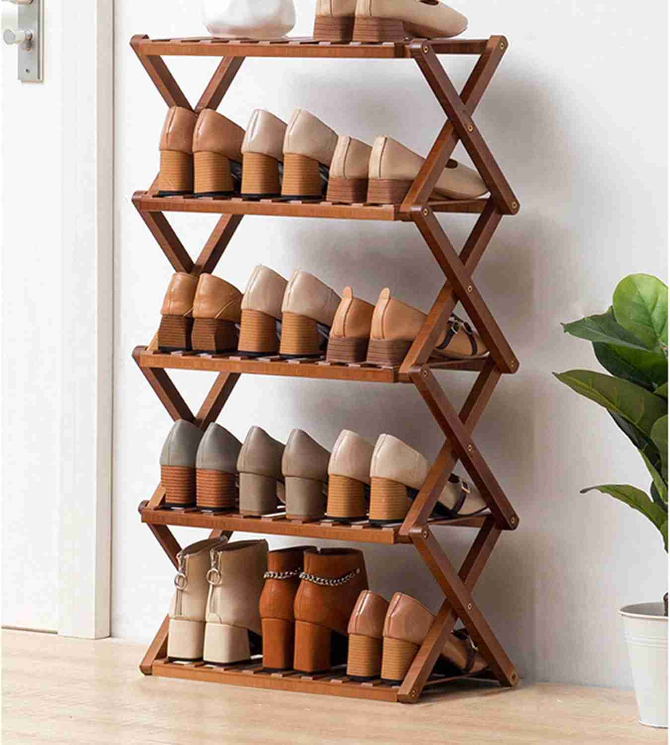 シューズラック 伸縮 スリム コンパクト 省スペース 竹製シューズラック 靴収納 折りたたみ式シューズラック 靴棚 茶色 収納 竹製ラック 狭い 玄関 組立不要 廊下 シューズ棚 置物棚 大容量 10