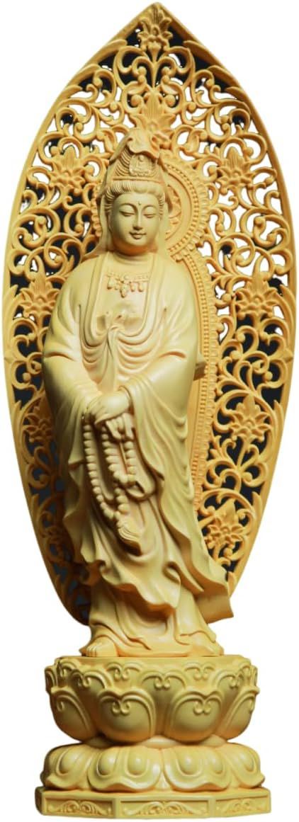観音菩薩 仏像 仏壇仏像 観音像 桧木製 木彫り 置物 スタンディングロータスバックライト 蓮の台座 祈る 厄除け（高さ28cmx巾12cmx奥行12cm）