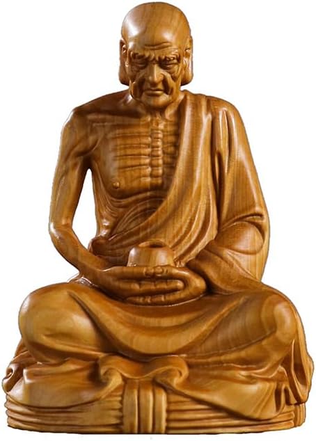少林寺 十八の羅漢之一 高級天然ツゲ木彫り 置物 坐禅 座禅 瞑想 仏陀彫刻 ブッダ 中国伝統美術品 木製彫刻 仏像 神像（高さ9.7cm×巾7cm×奥行6cm）