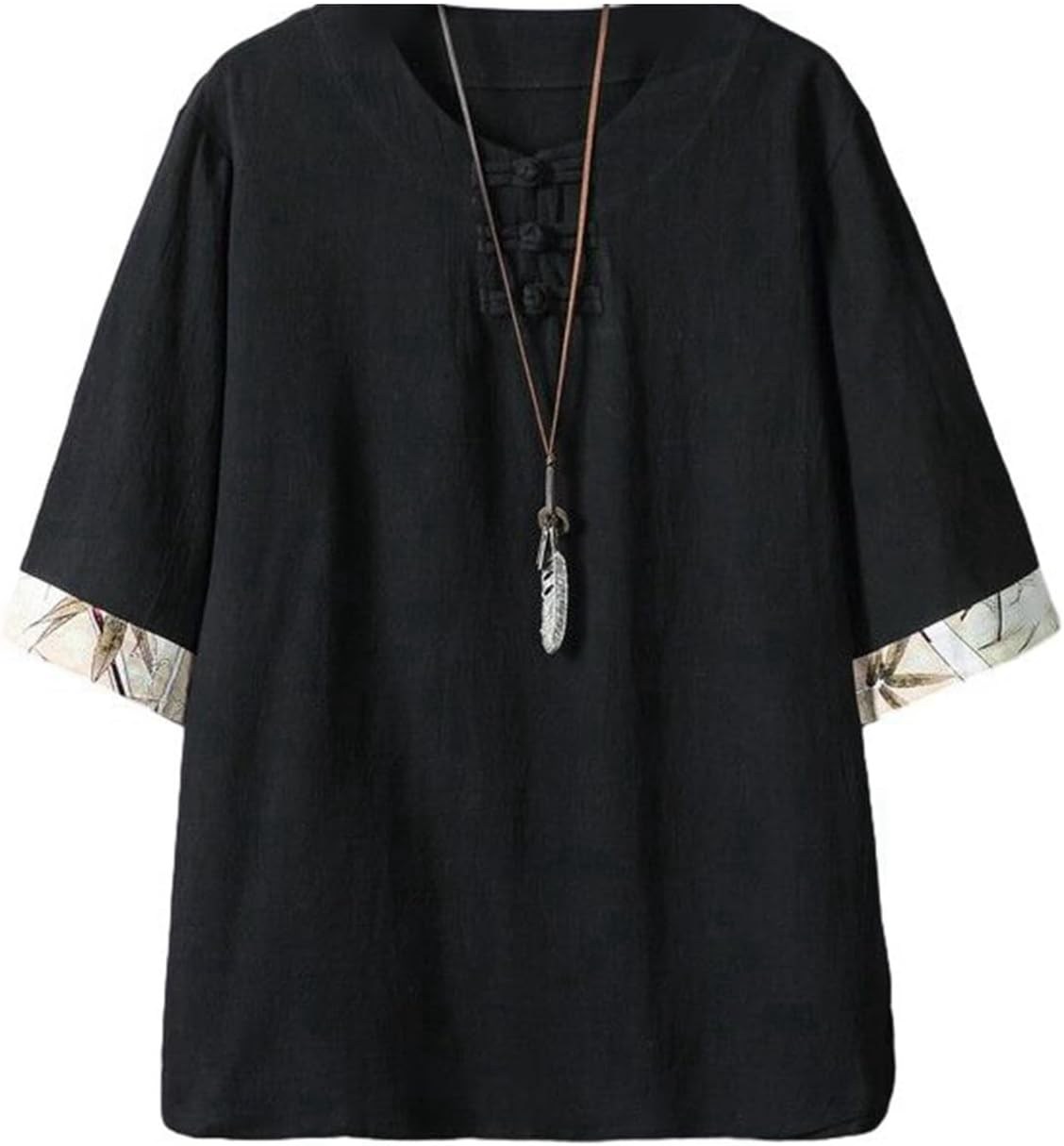 綿麻 チャイナシャツ メンズ 上着 ヘンリーネック チャイナボタン 五分袖 Tシャツ レトロ エスニック ..