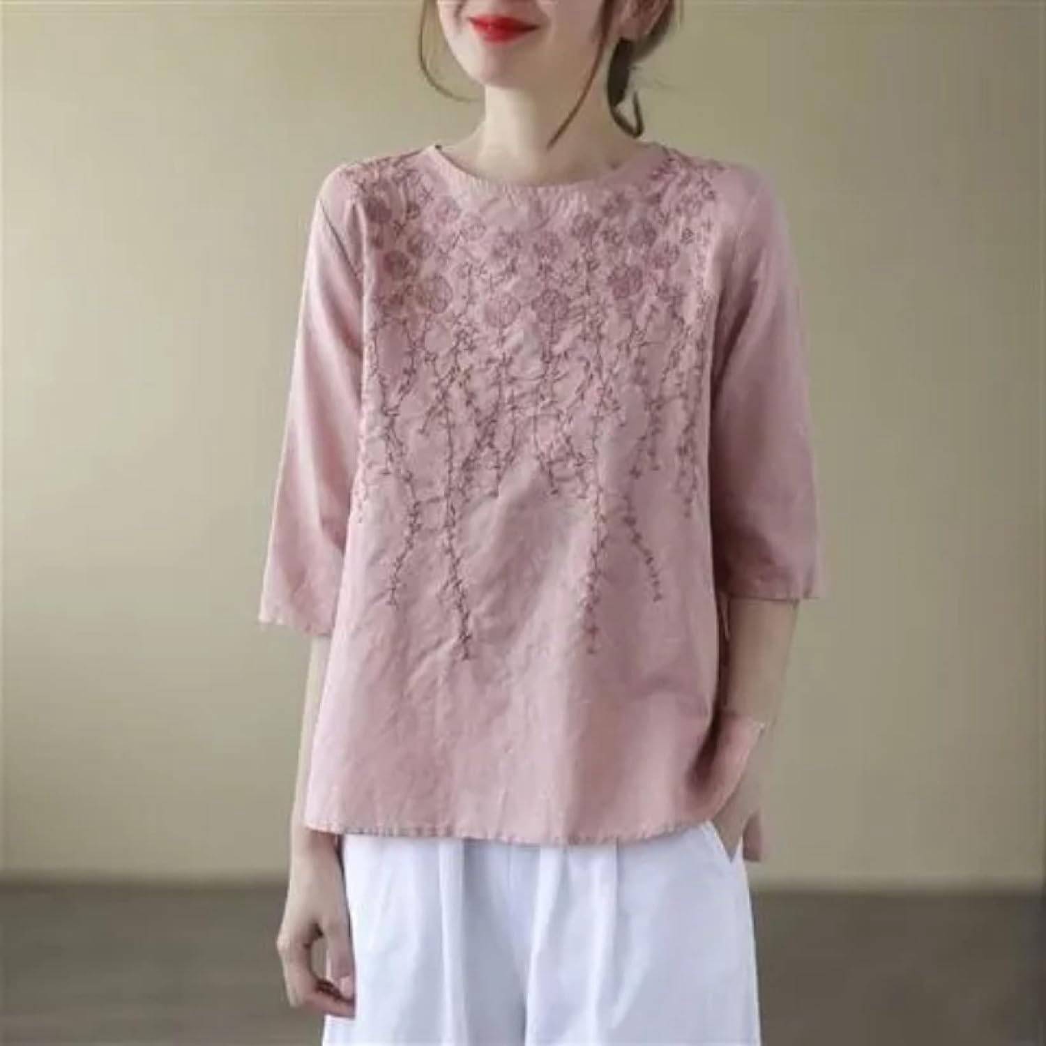 レディース リンネシャツ ブラウス クルーネック 春夏 薄手 半袖 刺繍デザイン 花柄 リラックス エレガント 着痩せ ヴィンテージ カジュアル 通学通勤 アウトドア ストリート 大人 トップス コー