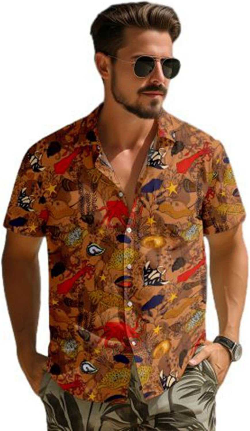 アロハシャツ メンズ タコ柄 イカ柄 プリント 総柄 夏服 半袖 ハワイ風 ビーチシャツ 日焼け防止 カジ..