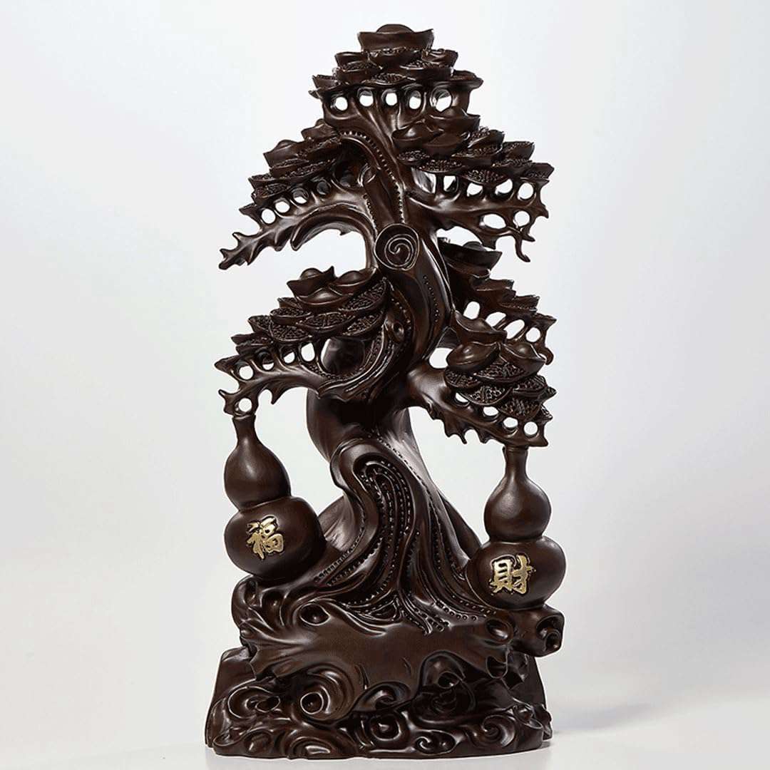 木彫りの置物【招財樹 金のなる木】黒檀 天然木 風水アイテム インテリア 金運祈願 開運 商売繁盛祈願 パワーストーン お礼 新年 贈り物 (高さ48 cm)