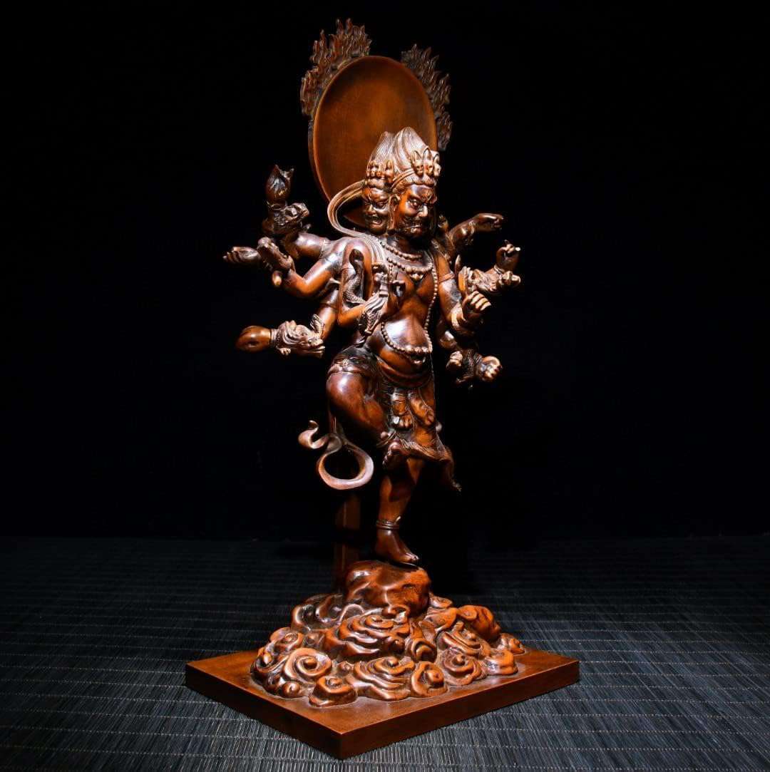 古色 烏枢沙摩明王 木彫り 仏像 柘植の木 置物（トイレの神様）お手洗い 洗面所の守り本尊 (うすさまみょうおう) 総高約32cm