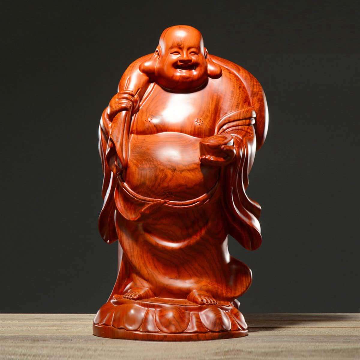 木彫りの布袋さま 木像 木製フィギュア 花梨木 高さ38cm 布袋様 置物 木彫り 金運アップ 置物 仏像