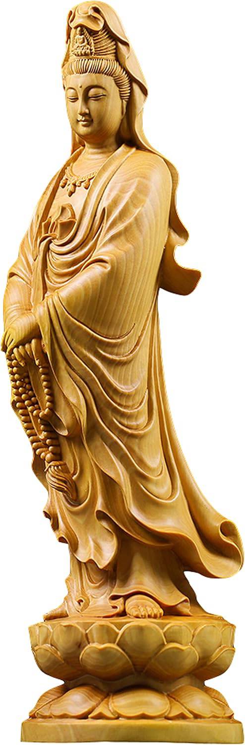 木彫りの仏像 観音菩薩立像 置物 ツゲ製高級木彫り 木製仏像 黄楊 柘植 観音像彫刻 観自在菩薩 仏教美術品 風水 仏壇仏像 祈る 厄除け