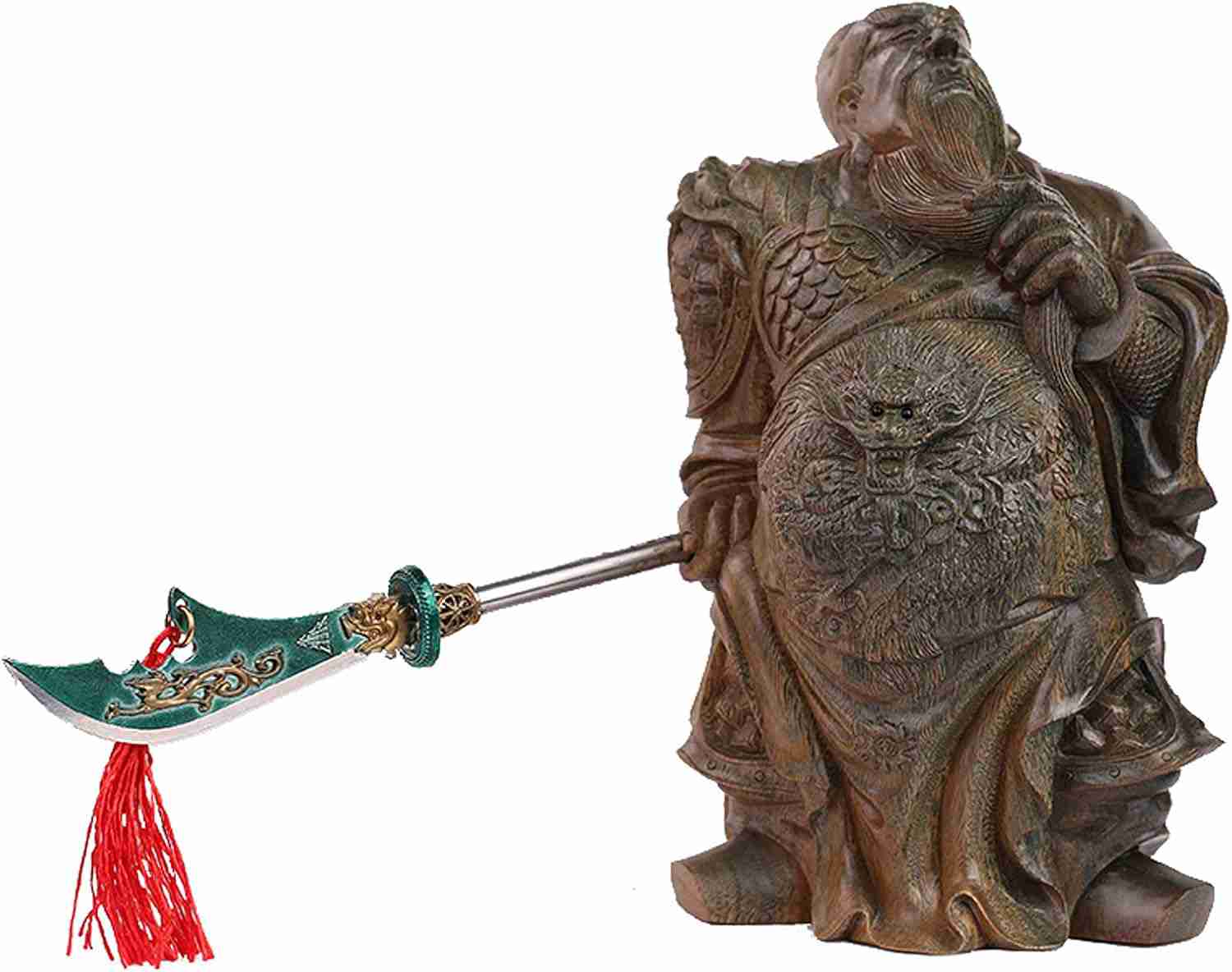 関羽 雲長 フィギュア 正義 関羽像 武財神 三国志 緑檀木製高級木彫り 置物 青龍偃月刀 開運 昇運 機運上昇 （高さ18cm×巾10.5cm）