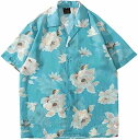 花柄シャツ アロハシャツ メンズ ライトブルー 白蘭柄 半袖 夏服 カップルシャツ 軽量 柔らかい コンフォート 通気 カジュアル カッコイイ 前開き 韓国風 海水浴 さわやか トップス ビーチシャツ