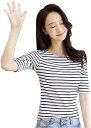 レディース Tシャツ ボーダー 五分袖 タイト クルーネック コットンtシャツ 半袖 夏服 フィット カットソー サマートップ オシャレ 大きいサイズ インナーウェア ブラウス 春秋 ファッション