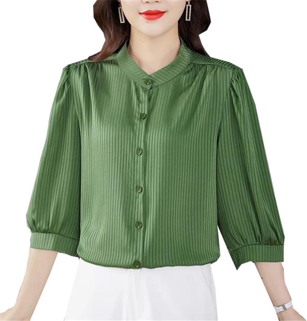 レディース Tシャツ 七分袖 ブラウス パフスリーブ 開襟 シフォンシャツ カットソー ママ服 ゆったり 大きいサイズ お母さん 夏服 春服 秋服 ドレープ 通気 薄手 ストライプ オシャレ